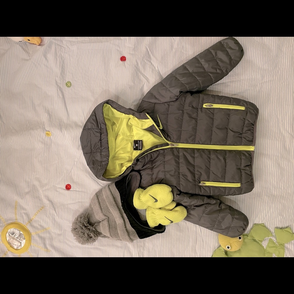 Like new Nike grey and neon yellow winter coat with hat and mittens